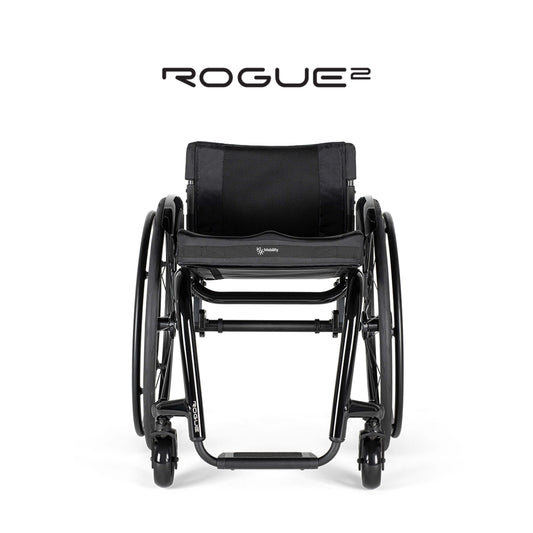 【セミオーダー車いす】ROGUE2 ローグ2のフロントビュー、カスタマイズ可能なデザインと機能性を強調。