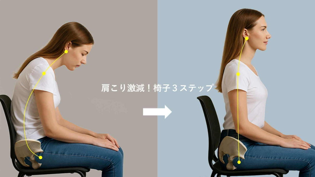 肩こりケア効果も！骨盤を立てるオフィスチェア設定３ステップでの姿勢変化を示す画像