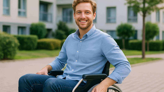 失敗しない車いすクッション選び３ステップを考えながら微笑む男性の写真