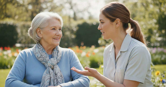 【決定版】車いすシーティング用品カタログ＋Q&A30 – 快適な座位を叶える製品選び完全ガイドについて話す女性と高齢者