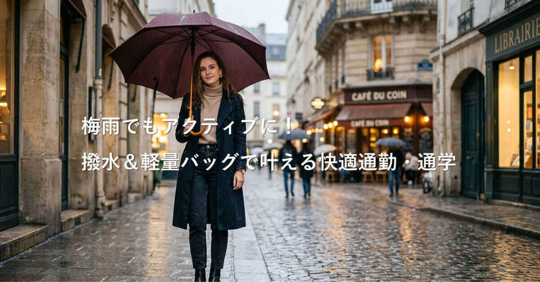 梅雨でもアクティブに！撥水軽量バッグで快適通勤・通学中の女性