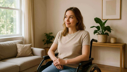 3分でわかる！車いすシーティング入門を学ぶ女性が車いすに座っている