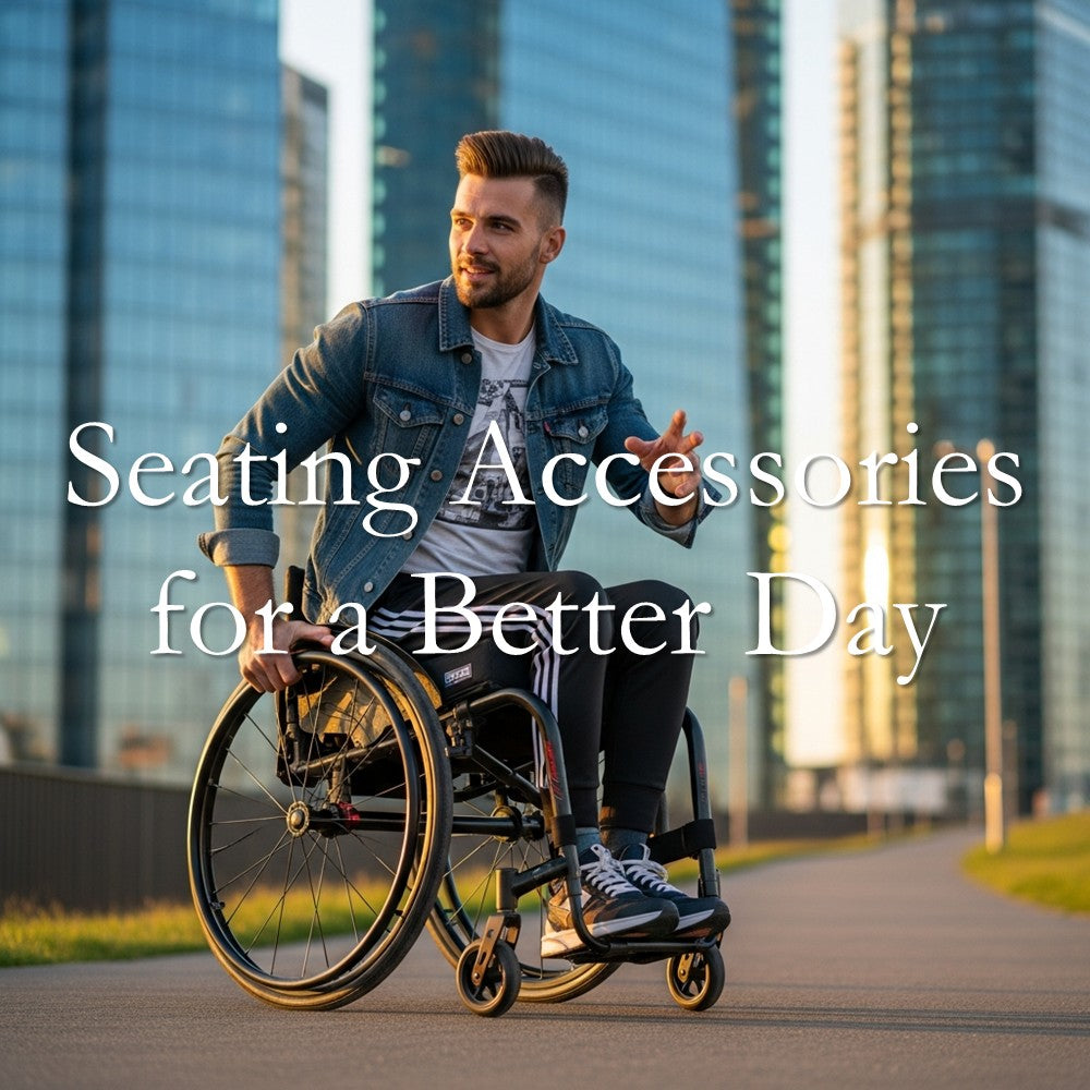 車いすでアクティブに動く男性、ポジショニングベルト、ヘッドサポート