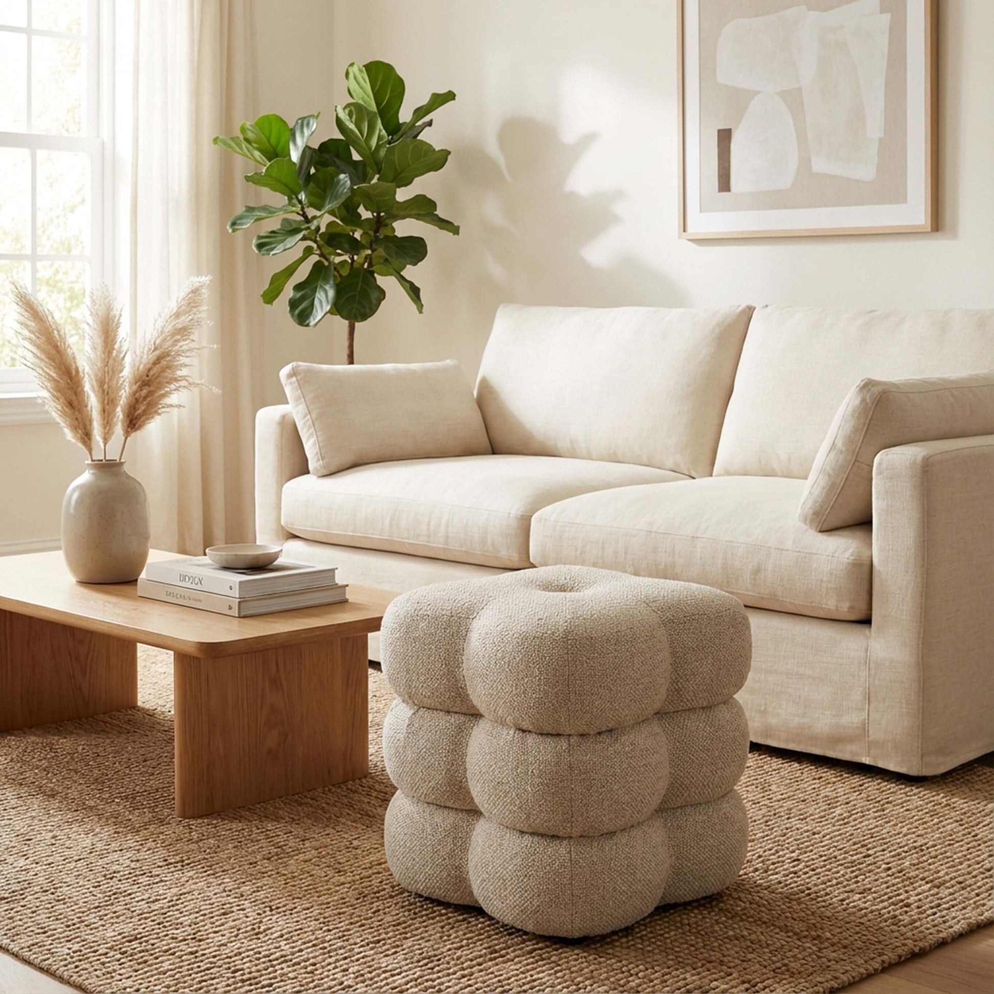 回転スツール ベージュがリビングのインテリアに溶け込む、360°回転機能を持つデザインの画像