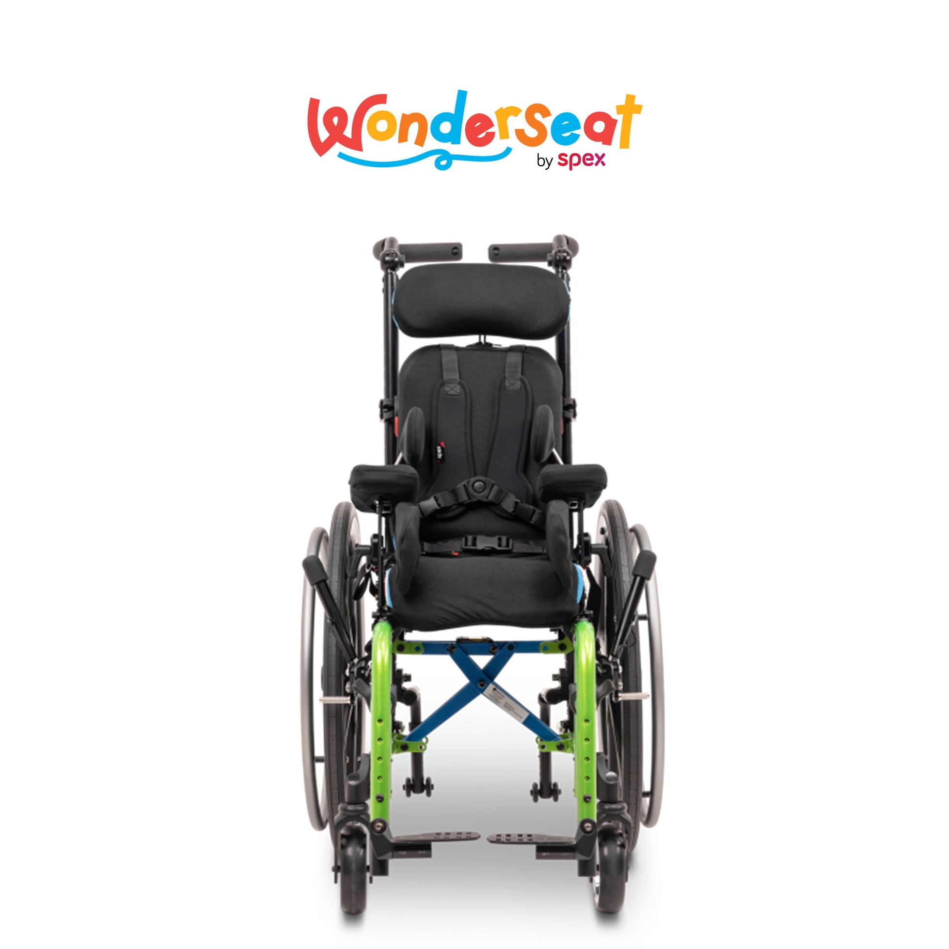 セミオーダー座位保持装置Wonderseat Bounceの前面、しっかりしたサポートと快適さを提供。 Little Wave Flip。