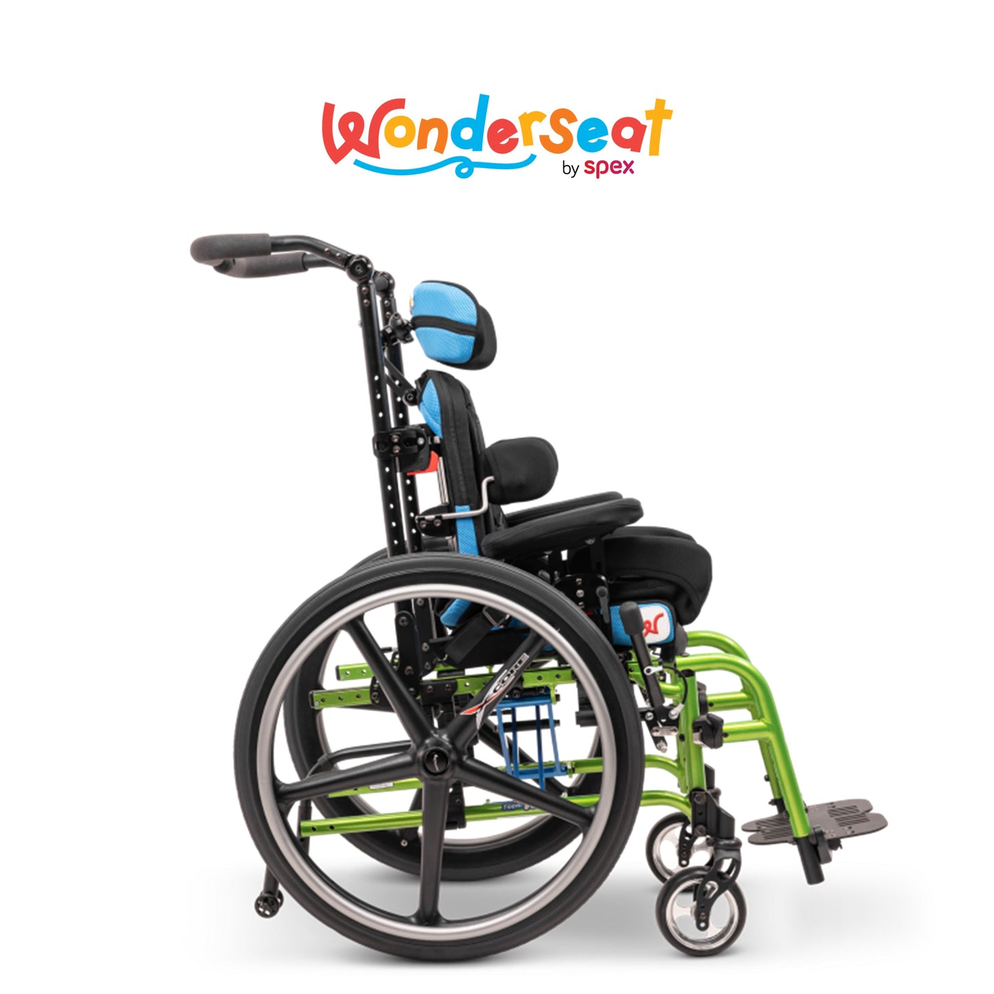 セミオーダー座位保持装置Wonderseat Bounceのサイドビュー。Little Wave Flipが特徴的なデザイン。