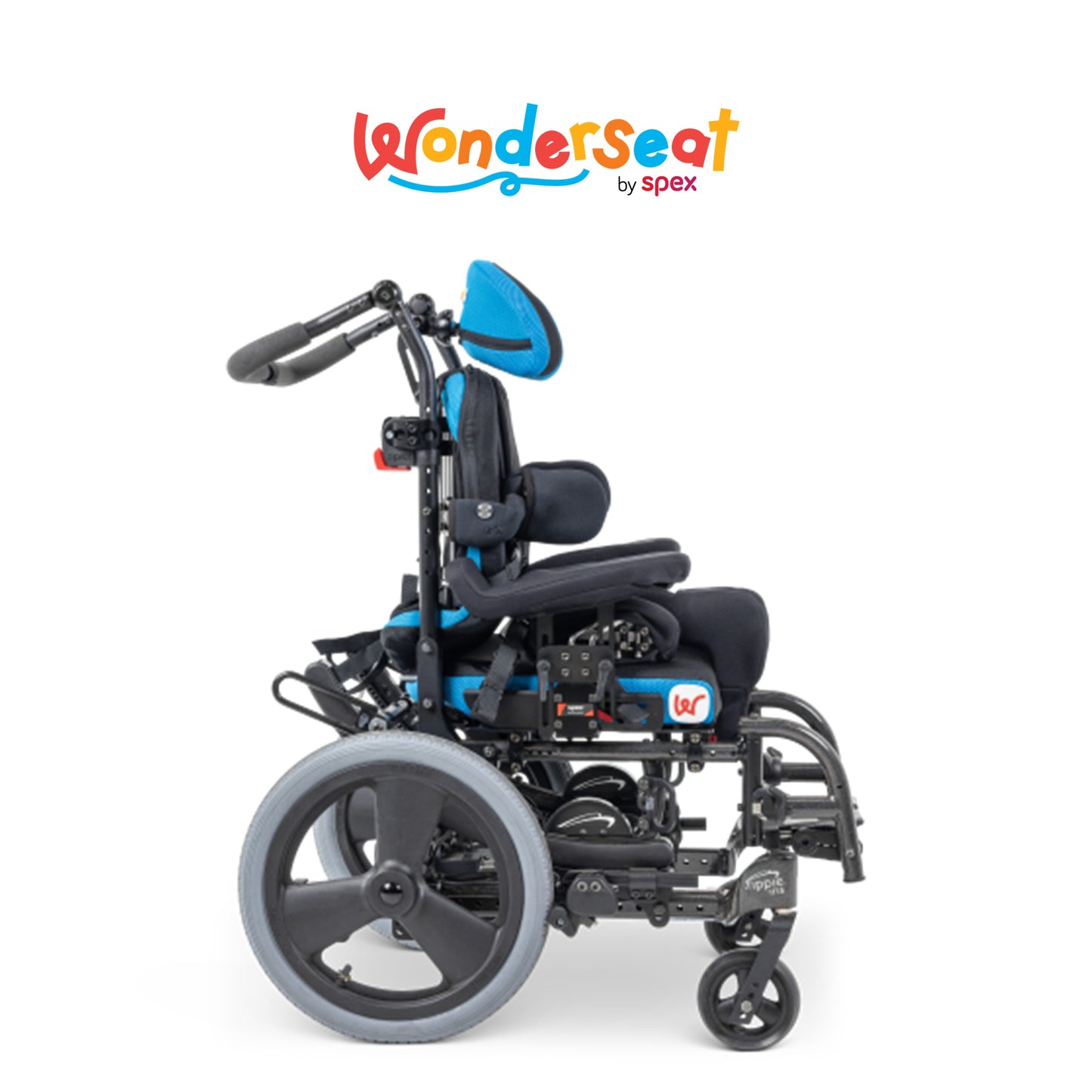 セミオーダー座位保持装置Wonderseat Spaceの側面図。Little Wave Flipを使用した子供向け姿勢サポート。